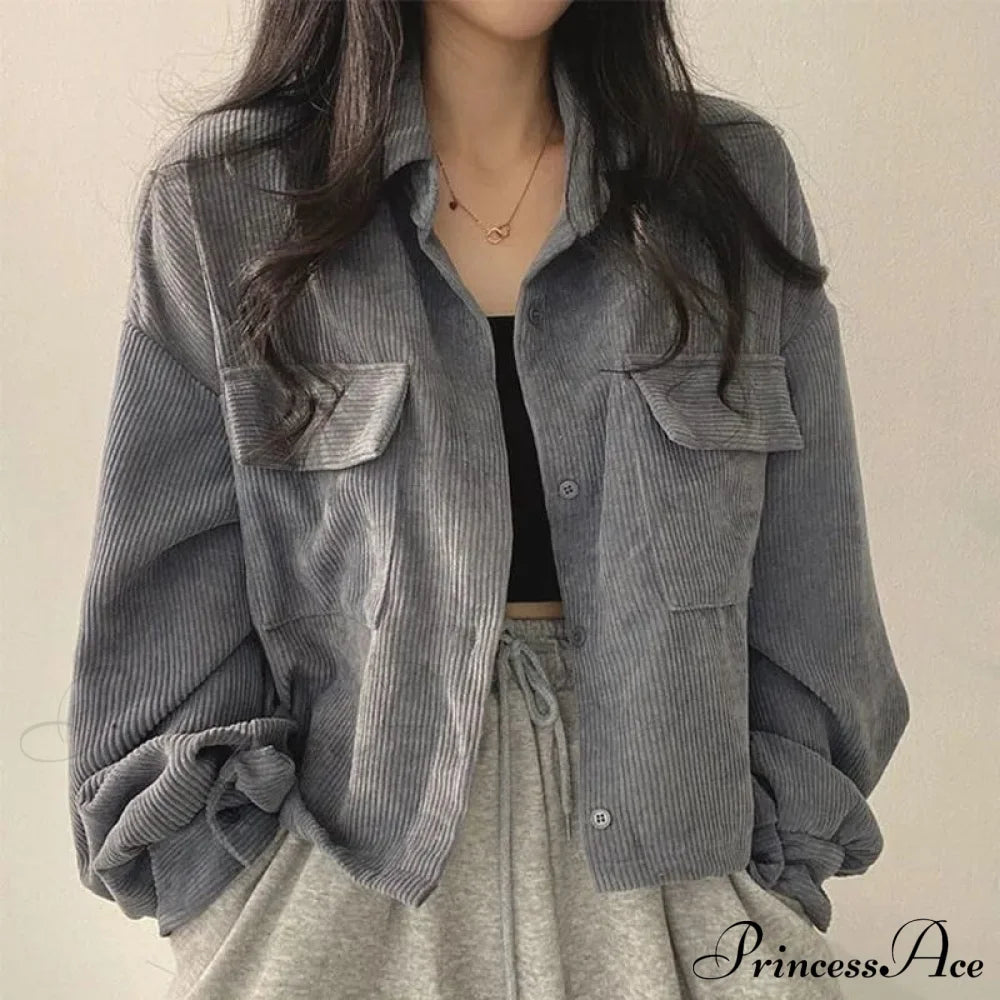 Fashion Casual Comfy Corduroy Jacket Gray / S