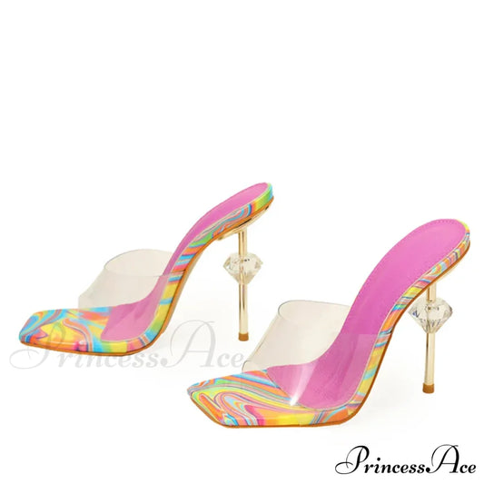 Fashion Chic High Heeled Hausschuhe Damen Square Toe Sommer Sandalen Transparent PVC Schuhe Frauen Sliders