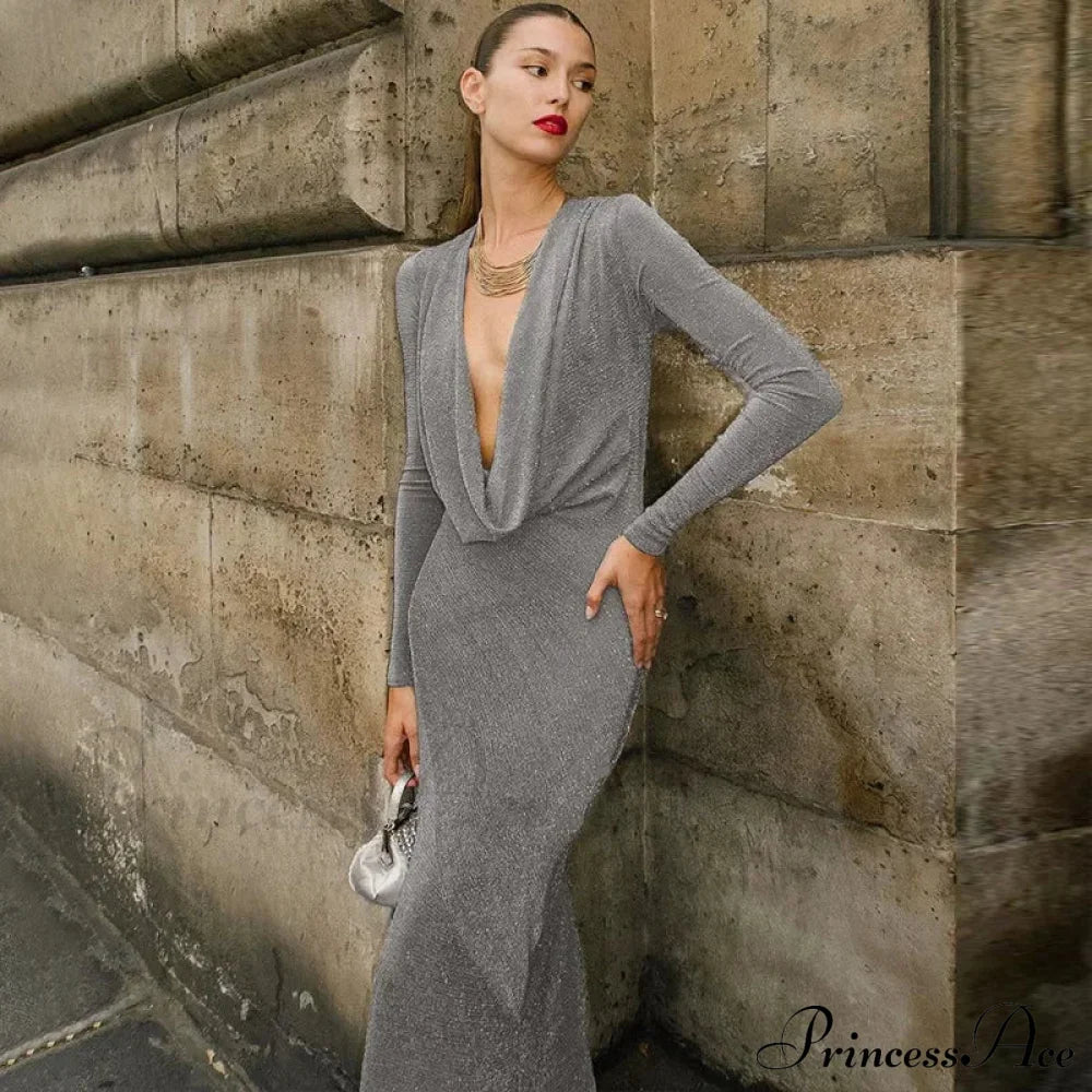 Fashion Club Draped Silk Long Sleeve Maxi Dress Sliver / S