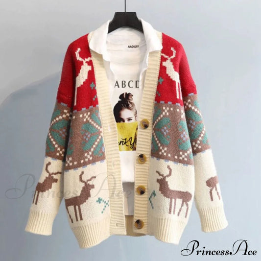 Fashion Deer Cartoon Print Sweater Beige White / One Size Sweaters-L