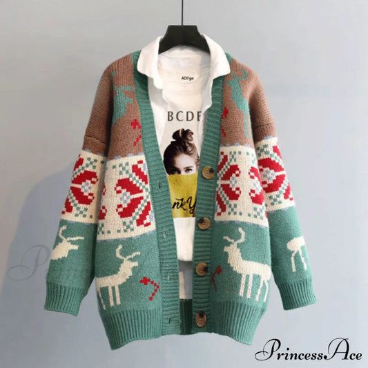 Fashion Deer Cartoon Print Sweater Green / One Size Sweaters-L