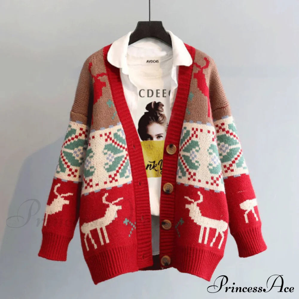 Fashion Deer Cartoon Print Sweater Red / One Size Sweaters-L