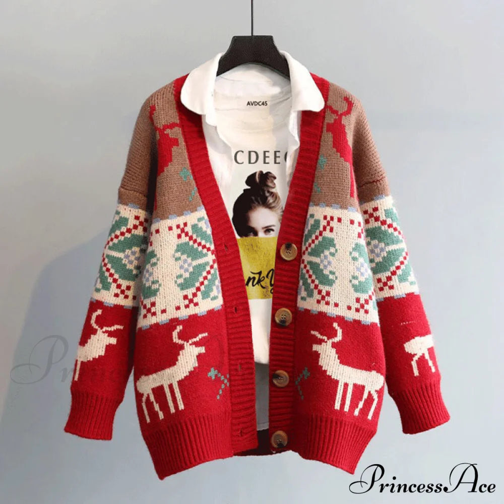 Fashion Deer Cartoon Print Sweater Sweaters-L