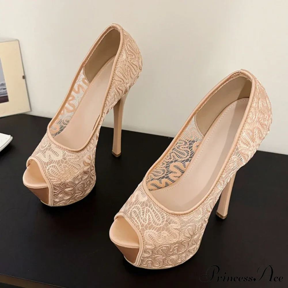 Fashion Design Embroidery Mesh Platform Pumps Slingback Shallow Peep-Toe Pink High-Heels Wedding