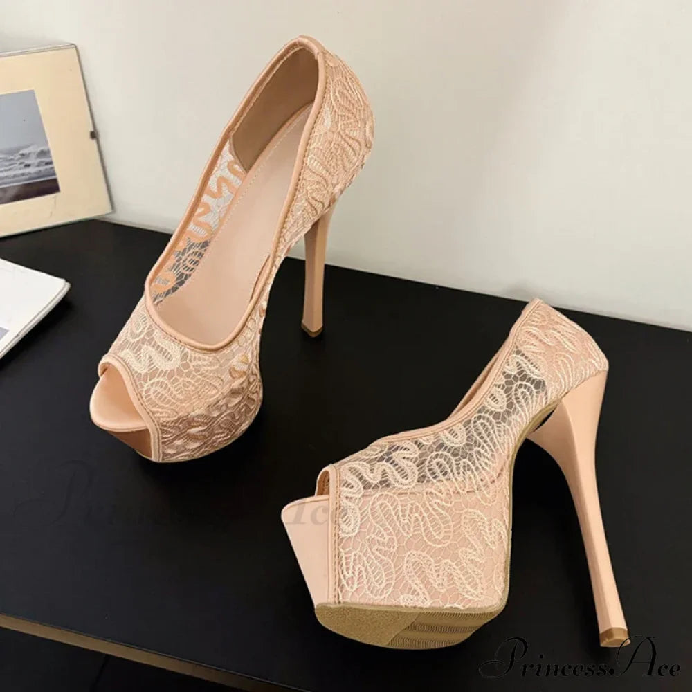 Fashion Design Embroidery Mesh Platform Pumps Slingback Shallow Peep-Toe Pink High-Heels Wedding