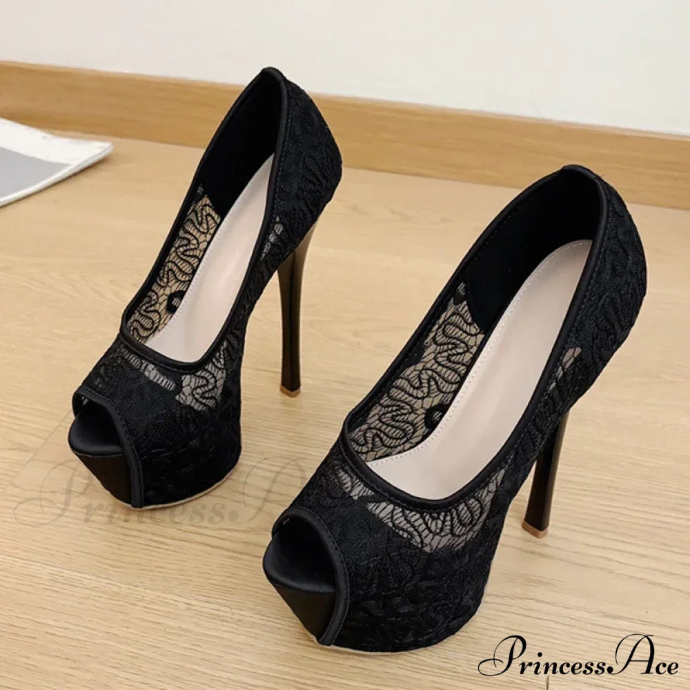 Fashion Design Embroidery Mesh Platform Pumps Slingback Shallow Peep-Toe Pink High-Heels Wedding