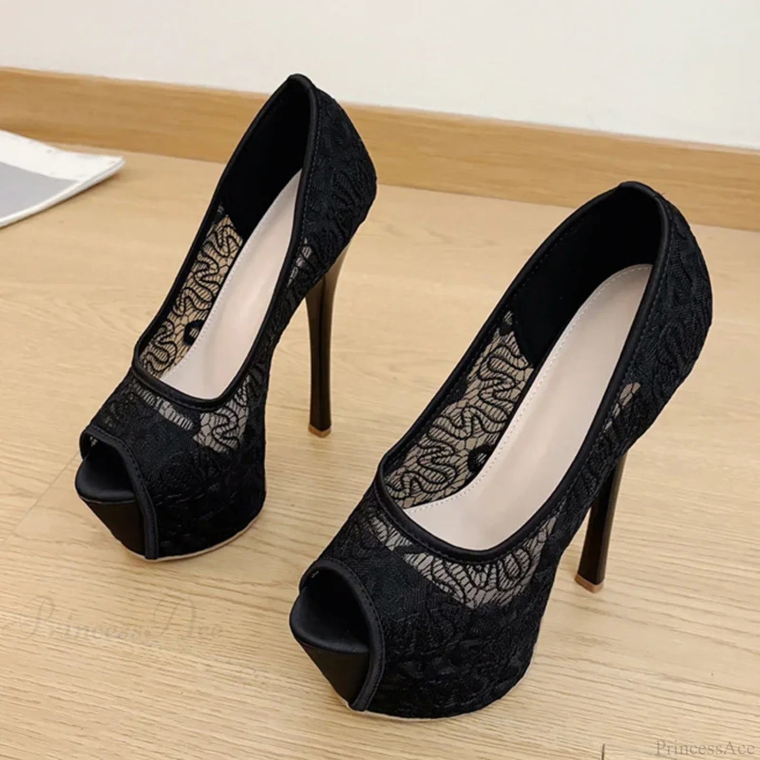 Fashion Design Embroidery Mesh Platform Pumps Slingback Shallow Peep-Toe Pink High-Heels Wedding