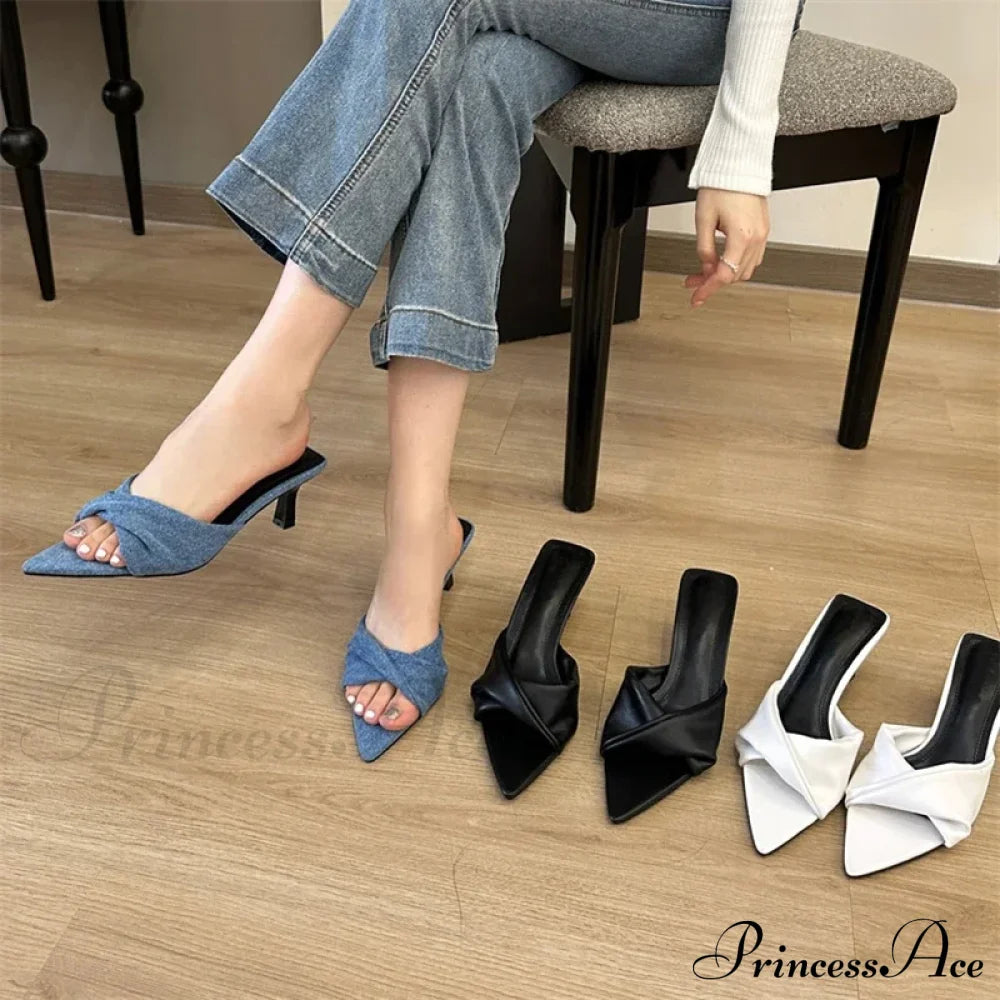 Fashion Design Pleated Pointed Elegant Thin Summer Female Slide Low Heel Pump