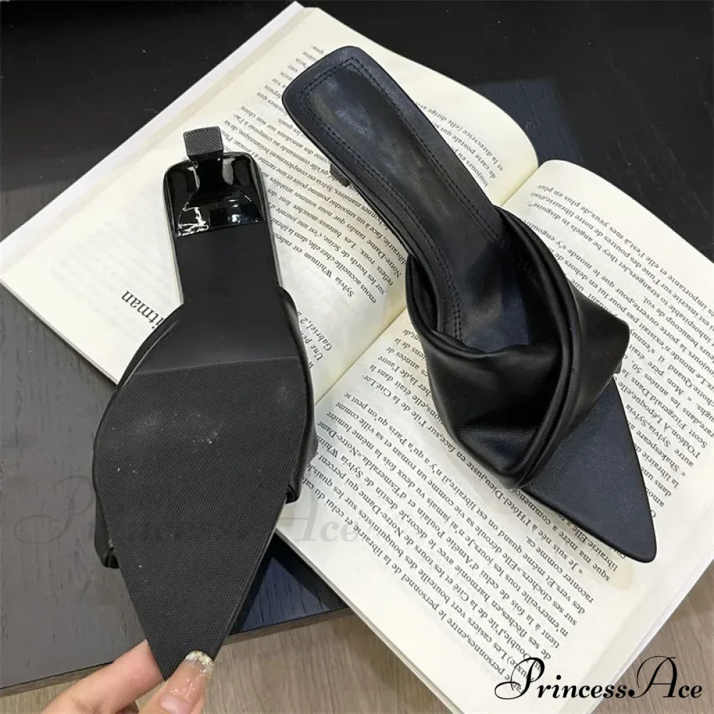 Fashion Design Pleated Pointed Elegant Thin Summer Female Slide Low Heel Pump Black / 35