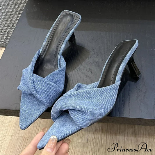 Fashion Design Pleated Pointed Elegant Thin Summer Female Slide Low Heel Pump Blue / 35