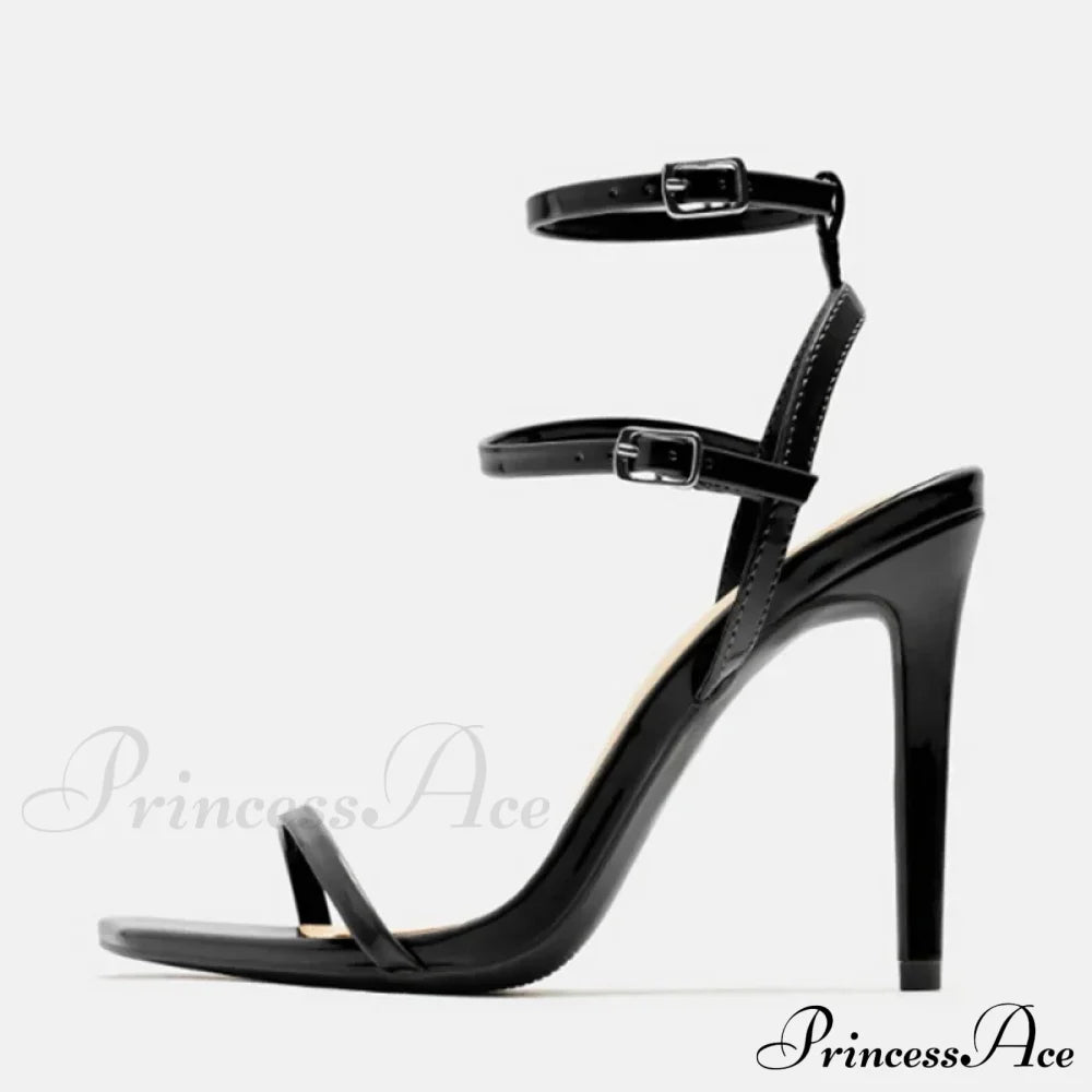 Fashion Double-Buckle Square-Toe Platform Sexy Gladiator Party Dress Summer High Heel Black / 36