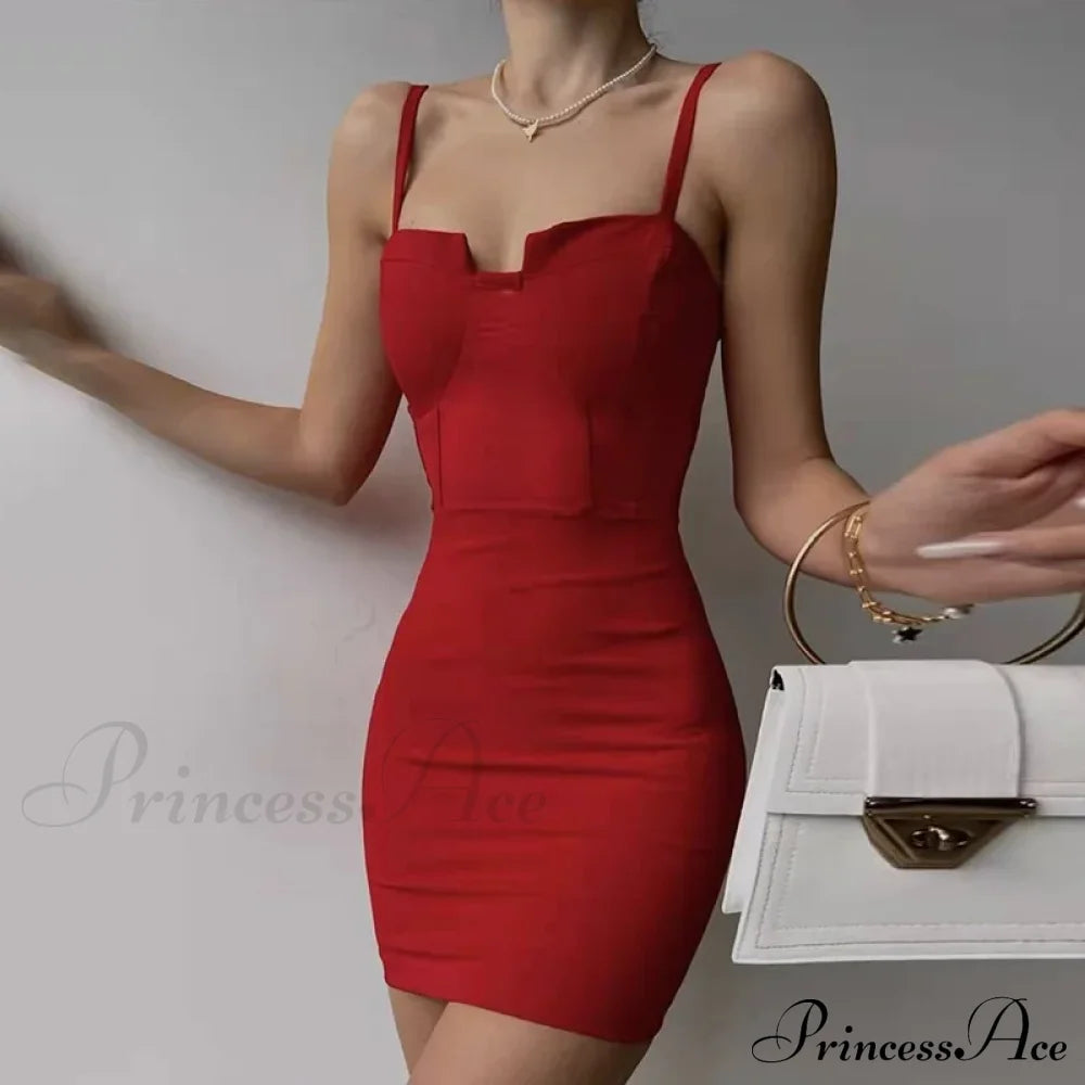 Fashion Elegant Patch Slim Fit Spaghetti Strap Backless Mini Dress Red / S