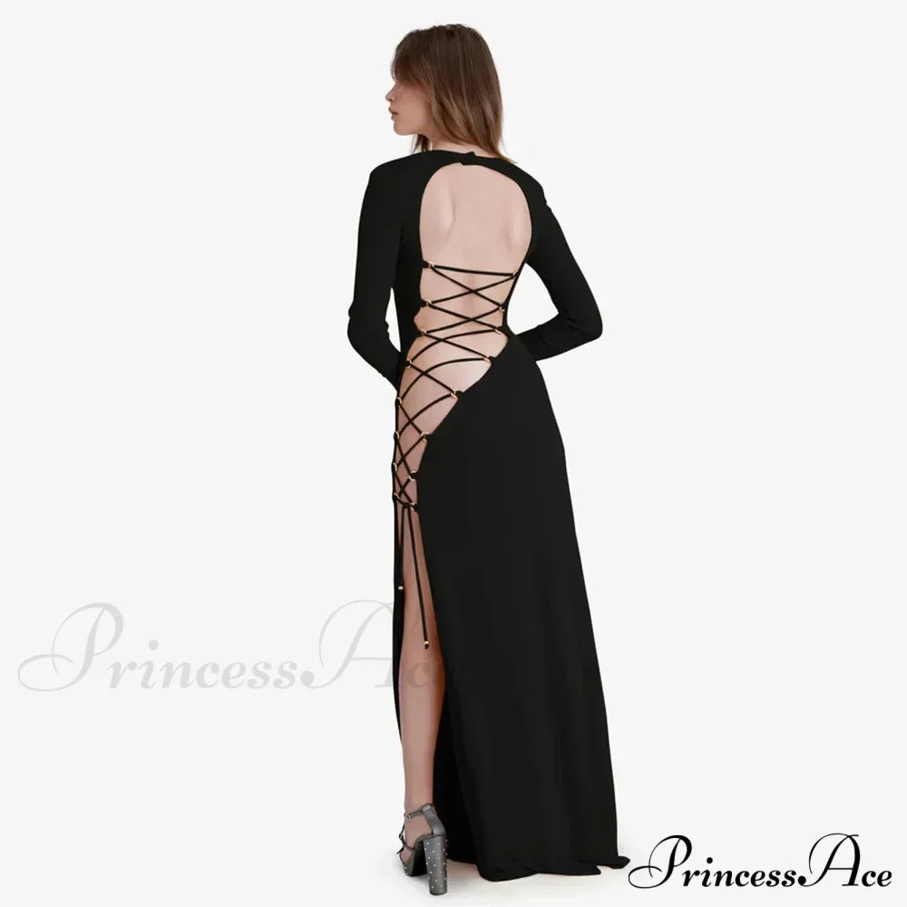 Fashion Fall Bandage Sleeve Backless Elegant Club Split Maxi Dress