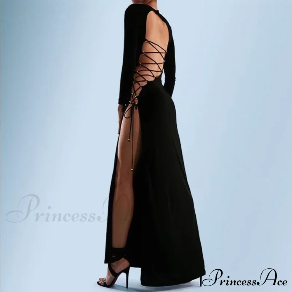 Fashion Fall Bandage Sleeve Backless Elegant Club Split Maxi Dress Black / S