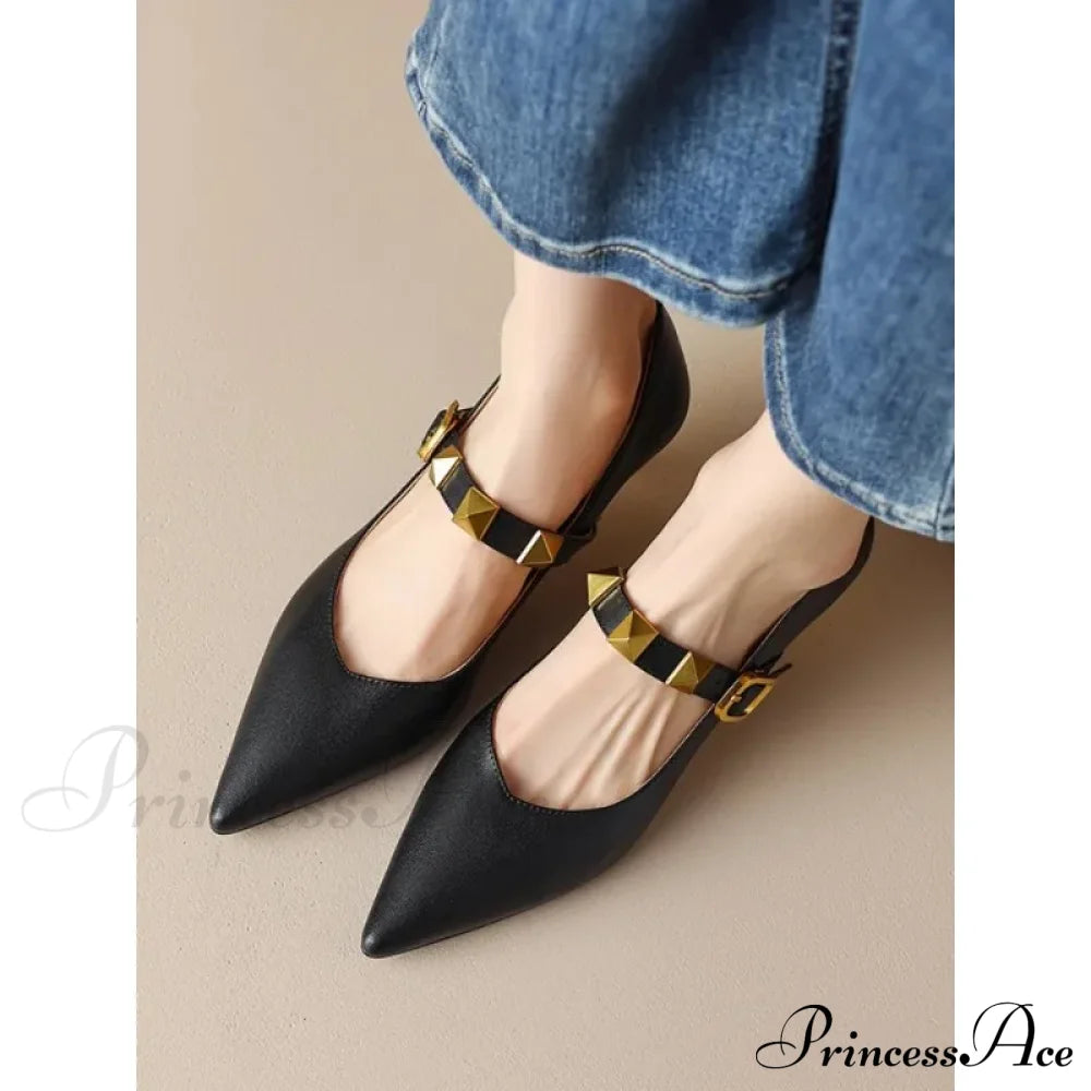 Fashion Fall Pointed Shallow Mouth Rivets Professional Temperament Low Heel Pump