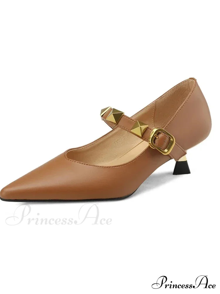 Fashion Fall Pointed Shallow Mouth Rivets Professional Temperament Low Heel Pump Brown / 35