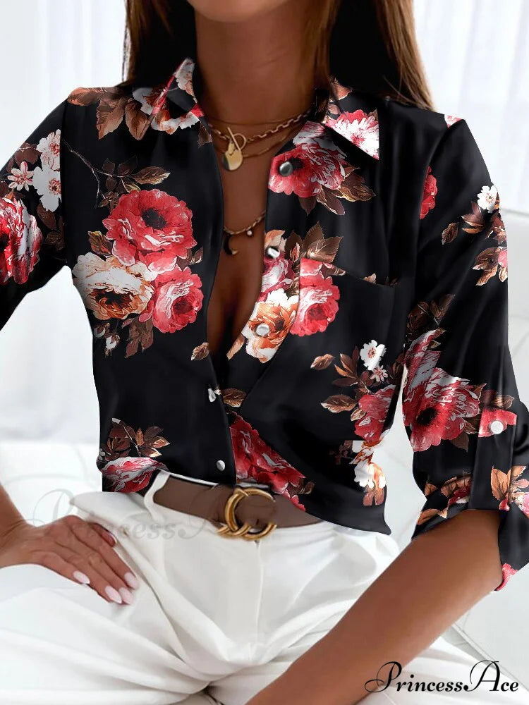 Fashion Floral Print Shirt Black / S