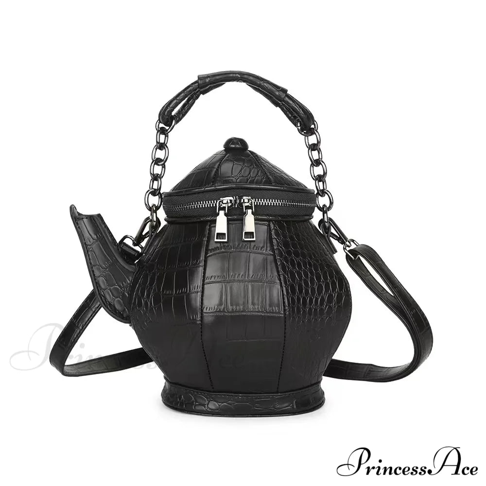 Fashion Funny Teapot Shaped Stone Pattern Leather Gothic Personalized Bag Black Halloween