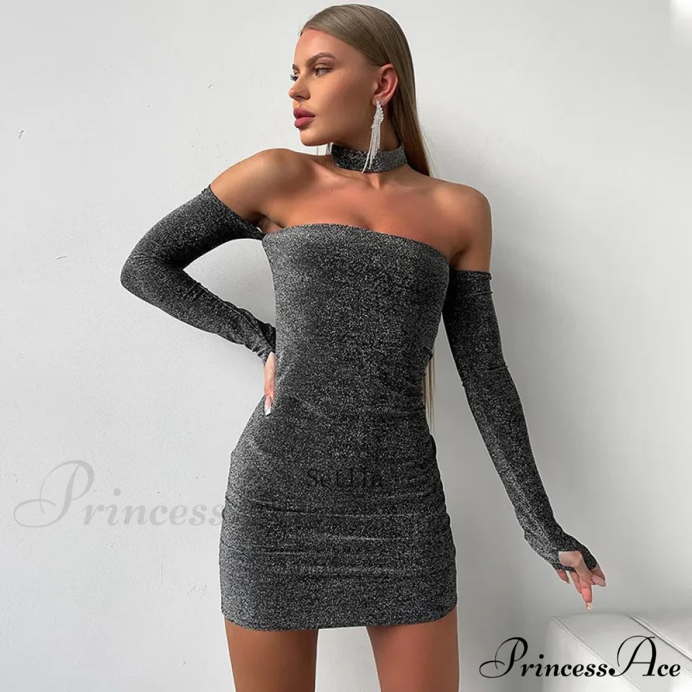 Fashion Glitter Off Shoulder Mini Dress