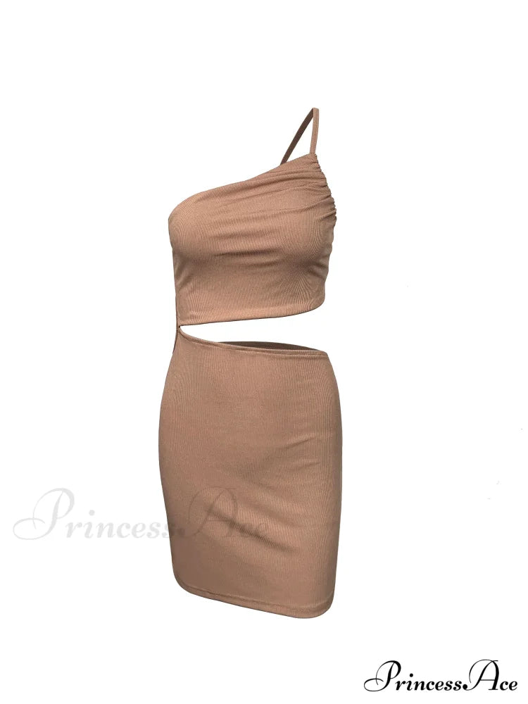 Fashion Hollow Out Side Bra One Shoulder Drawstring Bodycon Mini Dress Brown / S