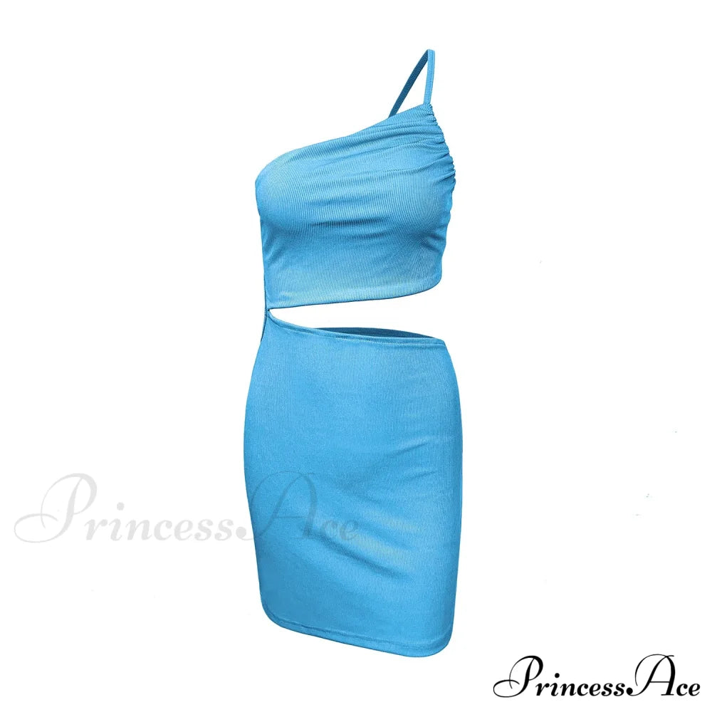 Fashion Hollow Out Side Bra One Shoulder Drawstring Bodycon Mini Dress Light Blue / S