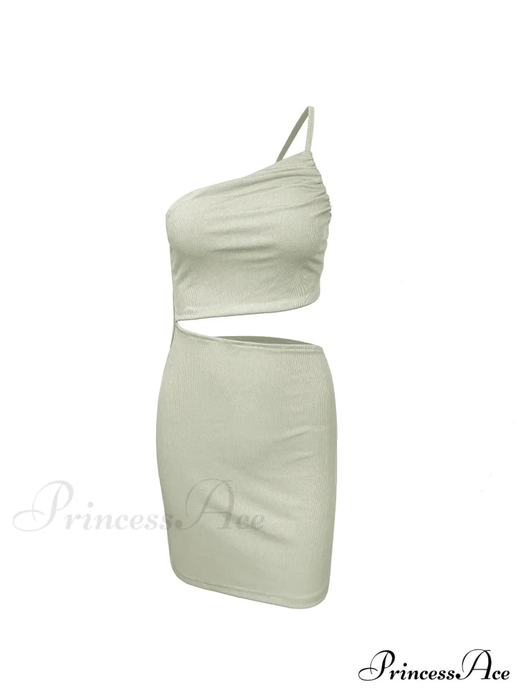 Fashion Hollow Out Side Bra One Shoulder Drawstring Bodycon Mini Dress Light Green / S