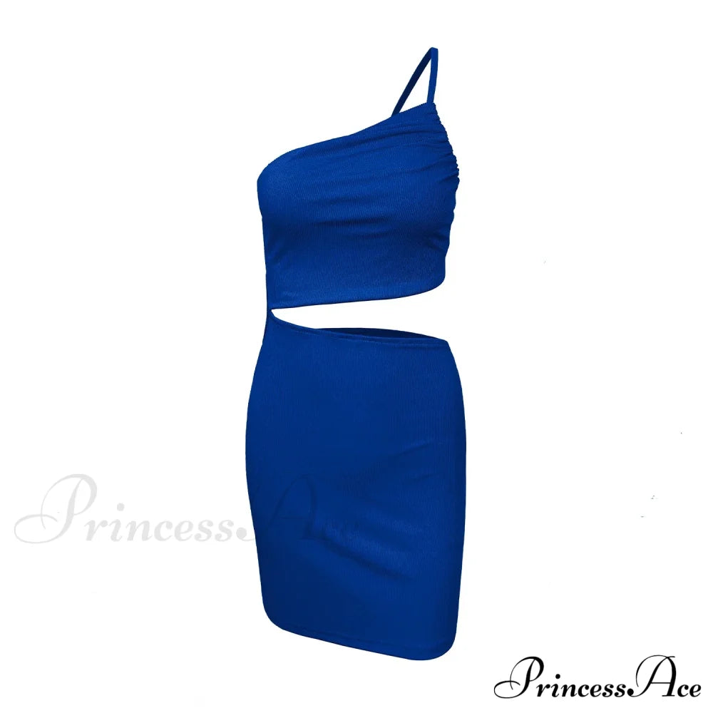 Fashion Hollow Out Side Bra One Shoulder Drawstring Bodycon Mini Dress Sapphire Blue / S