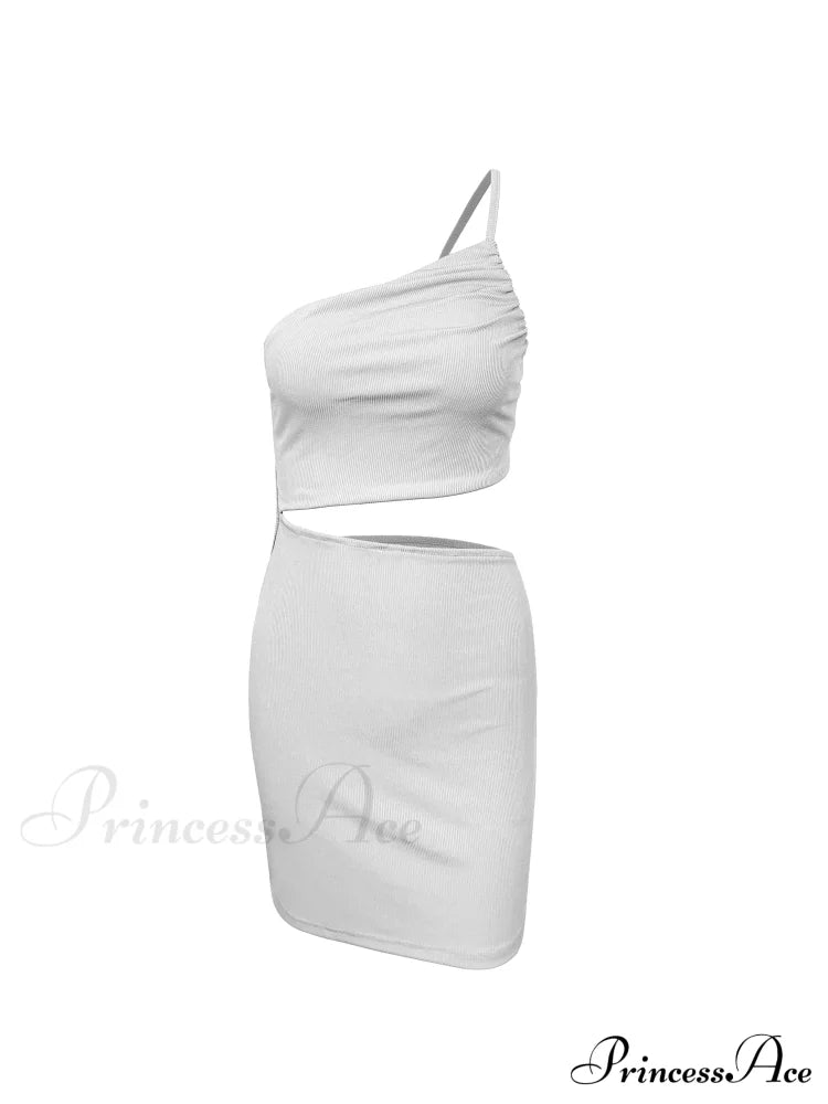 Fashion Hollow Out Side Bra One Shoulder Drawstring Bodycon Mini Dress White / S