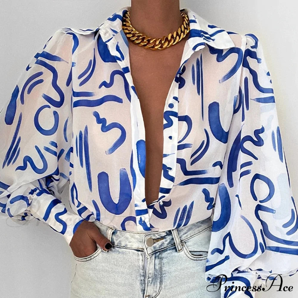 Fashion Lapel Single-Breasted Loose Blouse Blue / S