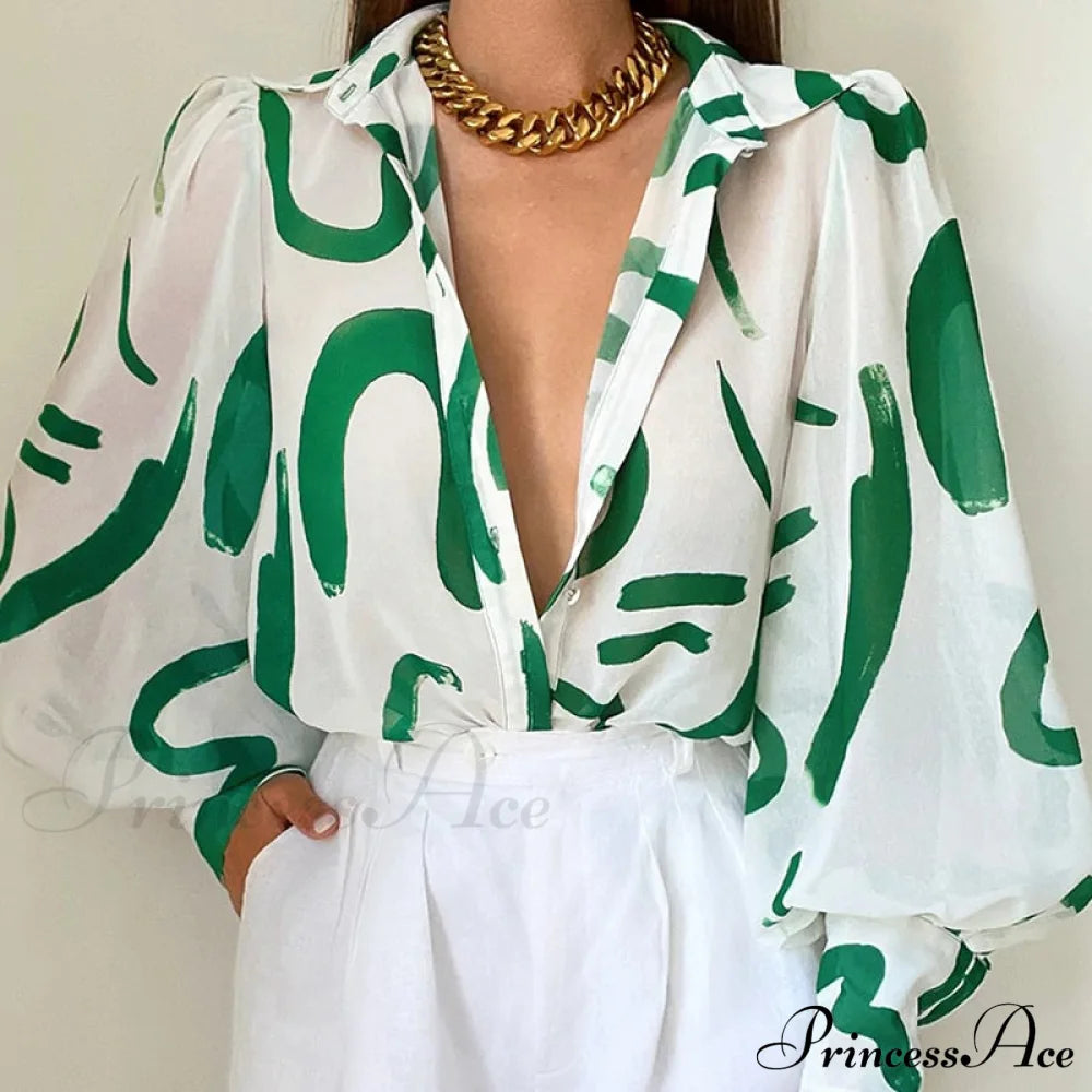 Fashion Lapel Single-Breasted Loose Blouse Green / S