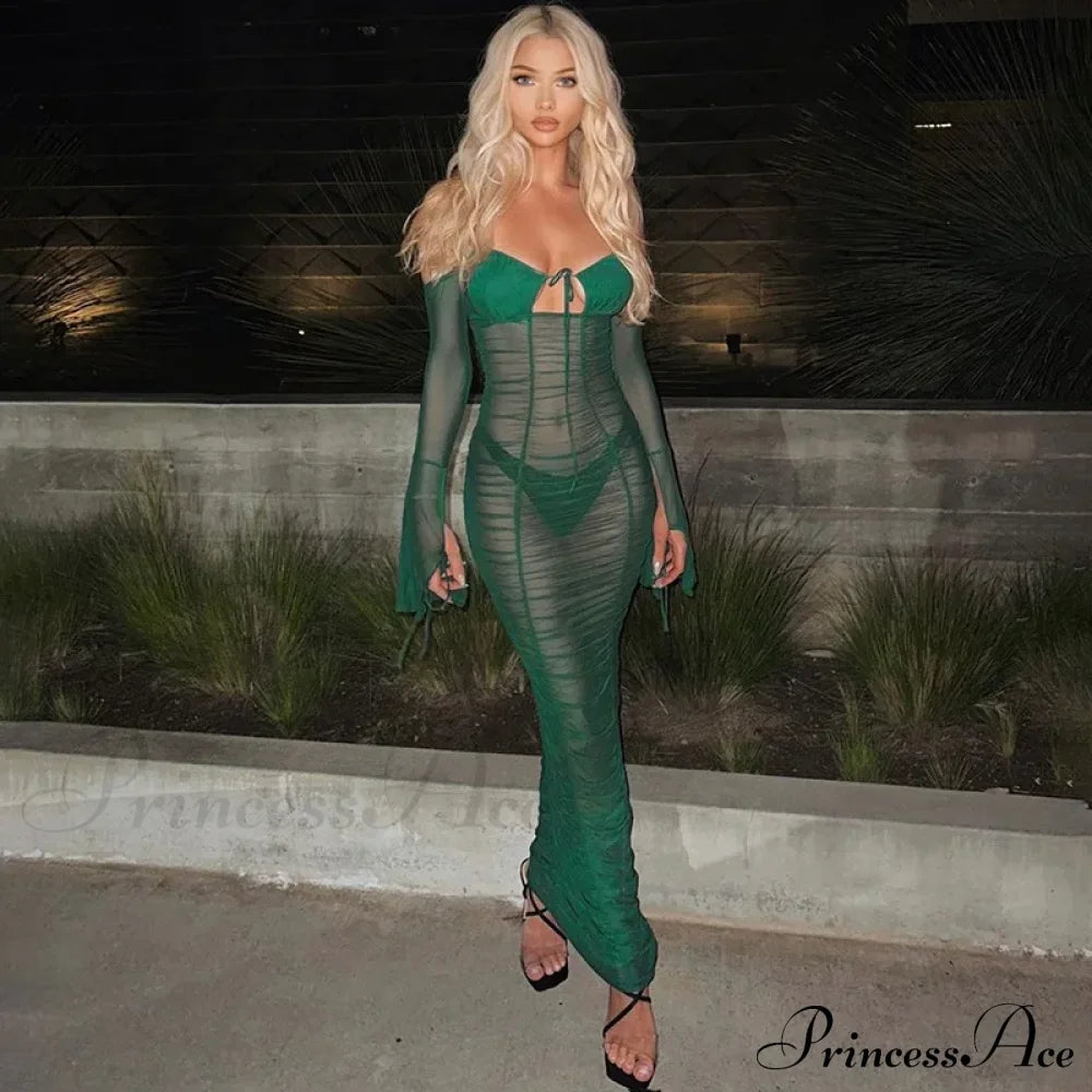 Fashion Mesh See Through Tie Front Maxi Dress