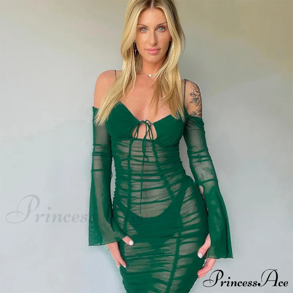 Fashion Mesh See Through Tie Front Maxi Dress Green / S