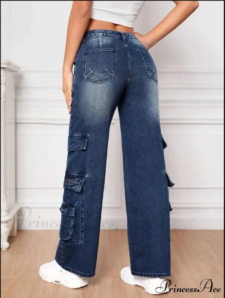 Fashion Multi Pocket Women’s High Waist Y2K Loose Cargo Denim Wide Leg Casual Clothing 2024 Fall