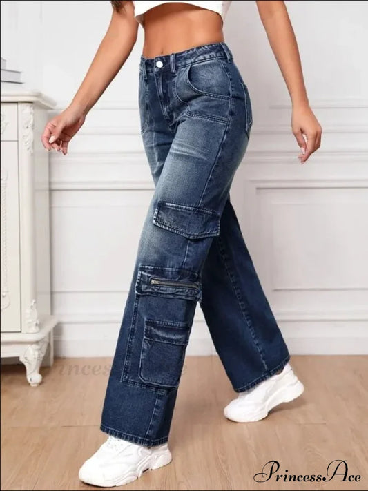 Fashion Multi Pocket Women’s High Waist Y2K Loose Cargo Denim Wide Leg Casual Clothing 2024 Fall