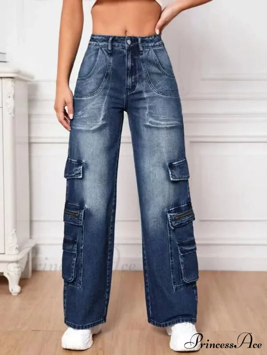 Fashion Multi Pocket Women’s High Waist Y2K Loose Cargo Denim Wide Leg Casual Clothing 2024 Fall