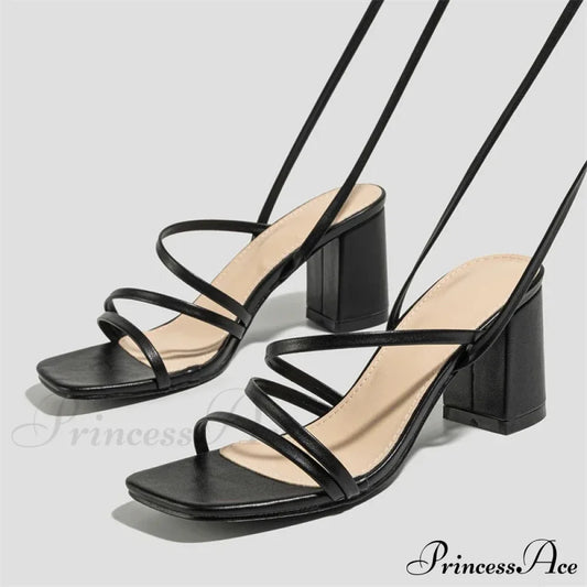 Fashion Narrow Band Ankle Cross-Strap Square Toe Banquet Party Low Heel Pump Black / 35