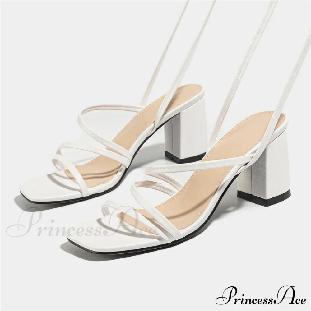 Fashion Narrow Band Ankle Cross-Strap Square Toe Banquet Party Low Heel Pump White / 35