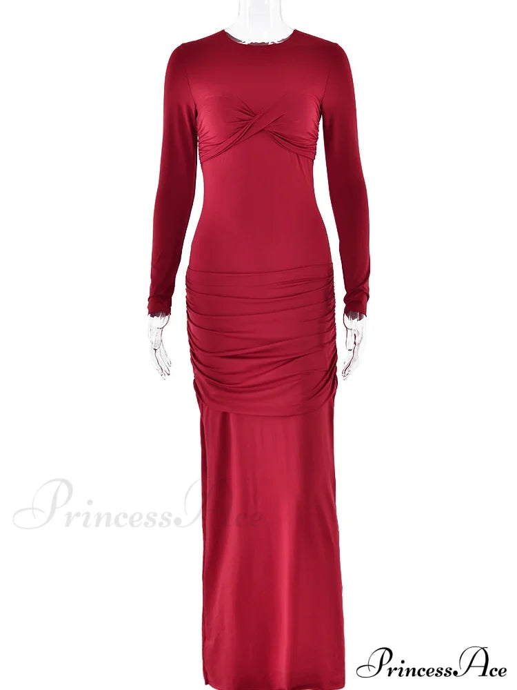 Fashion O-Neck Long Sleeve High Waist Bodycon Red Christmas Party Dress Burgundy / S Dresses-L