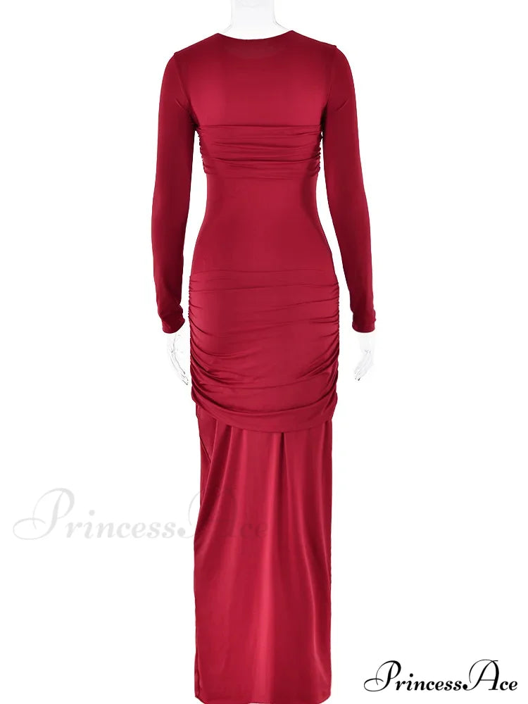 Fashion O-Neck Long Sleeve High Waist Bodycon Red Christmas Party Dress Dresses-L