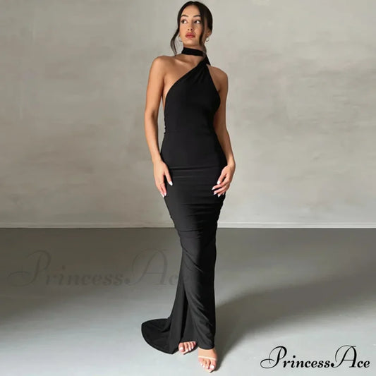 Fashion One Shoulder Elegant Long Sleeve Split Maxi Dress Black / S