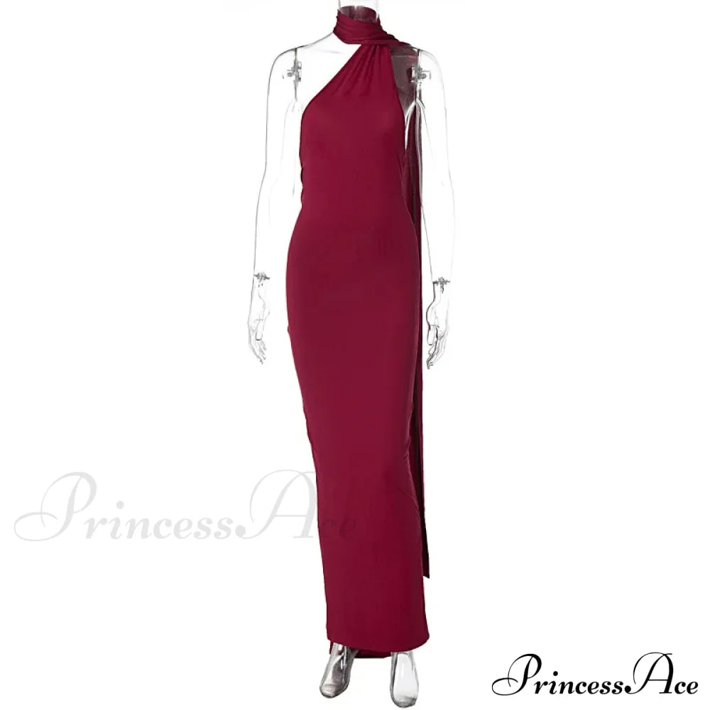 Fashion One Shoulder Elegant Long Sleeve Split Maxi Dress Claret / S