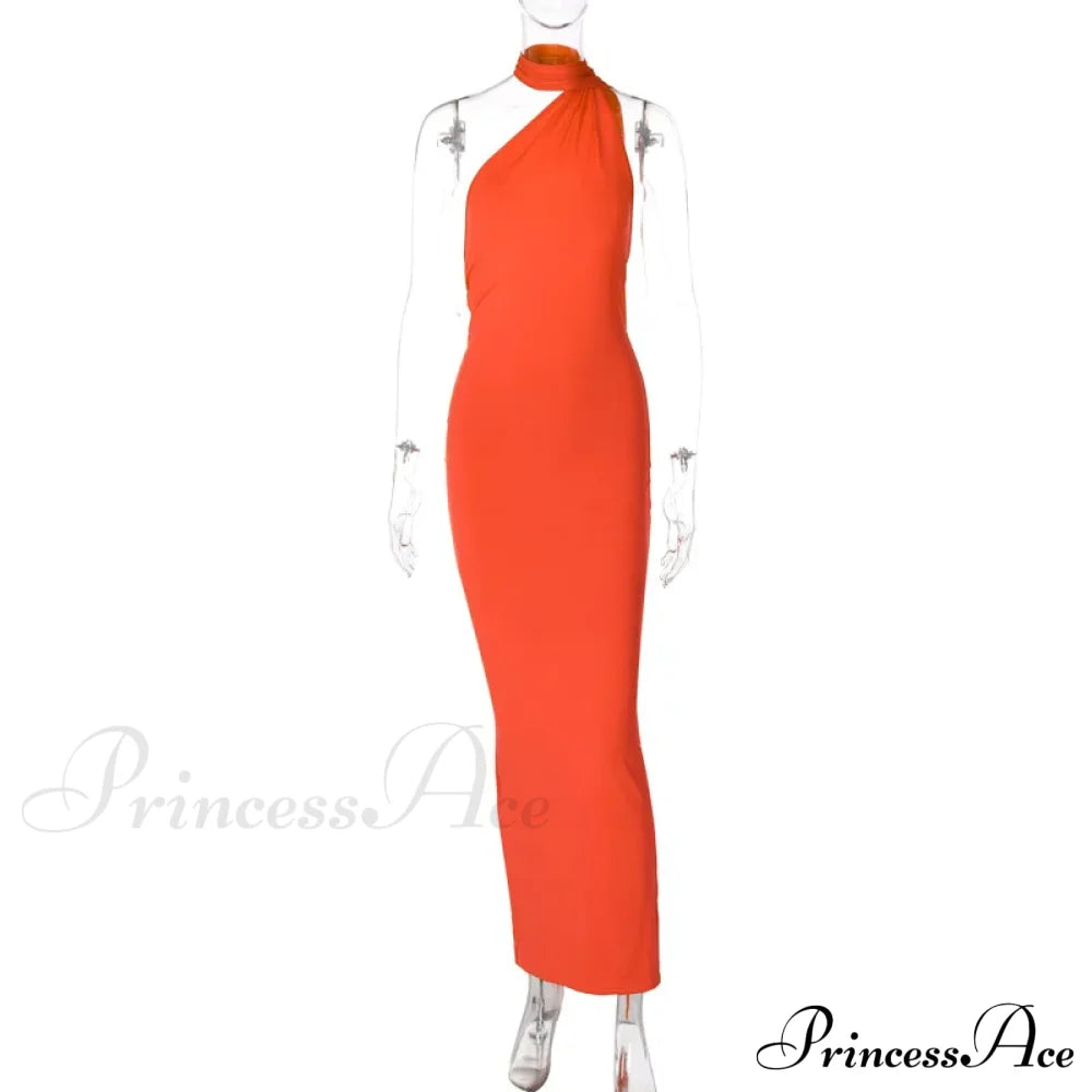 Fashion One Shoulder Elegant Long Sleeve Split Maxi Dress Orange / S