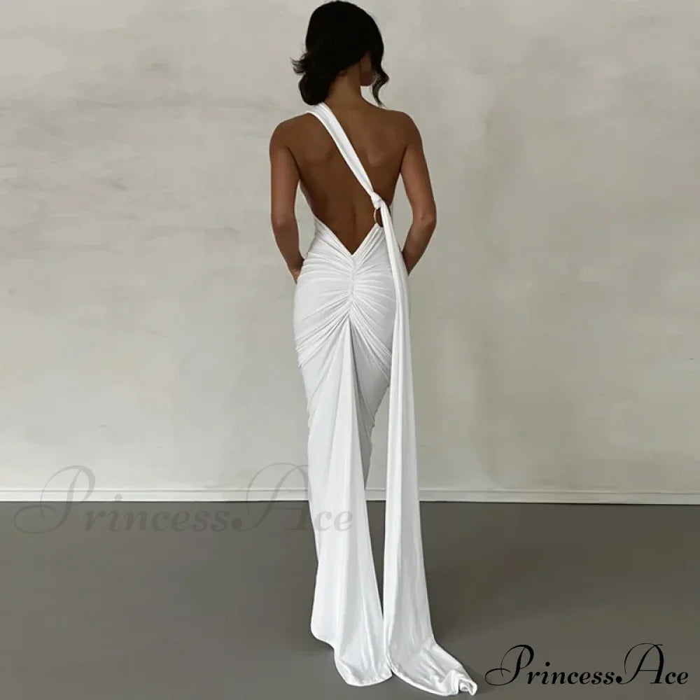 Fashion One Shoulder Elegant Long Sleeve Split Maxi Dress White / S