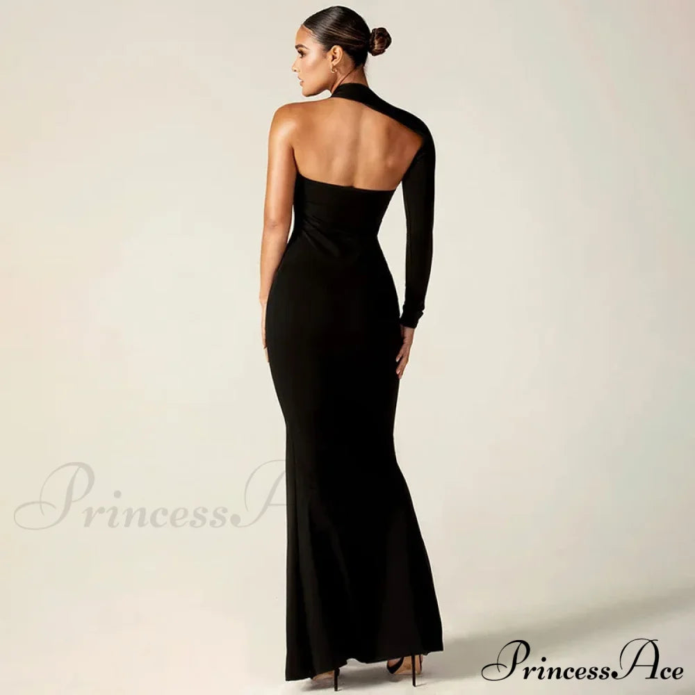 Fashion One Shoulder Split Long Sleeve Vestido Gown Maxi Dress