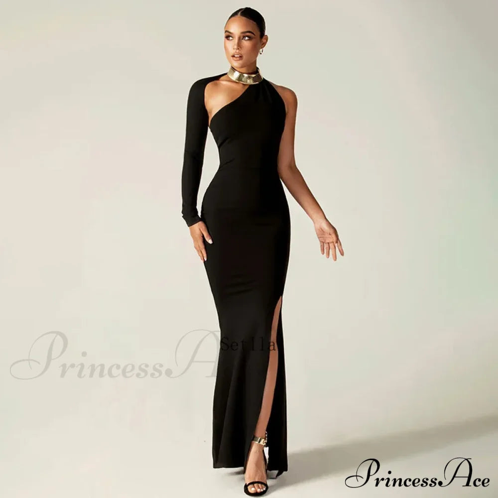 Fashion One Shoulder Split Long Sleeve Vestido Gown Maxi Dress