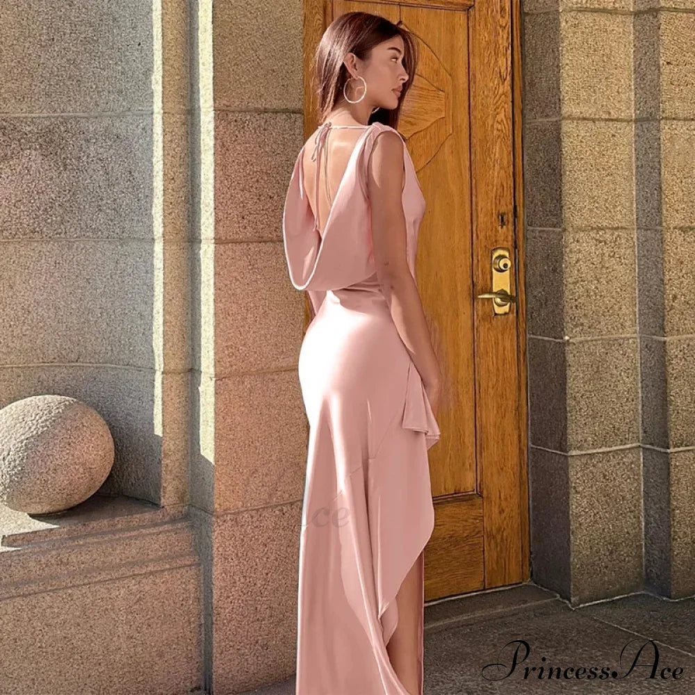 Fashion Open Back Ruffle Slit Backless Maxi Dress