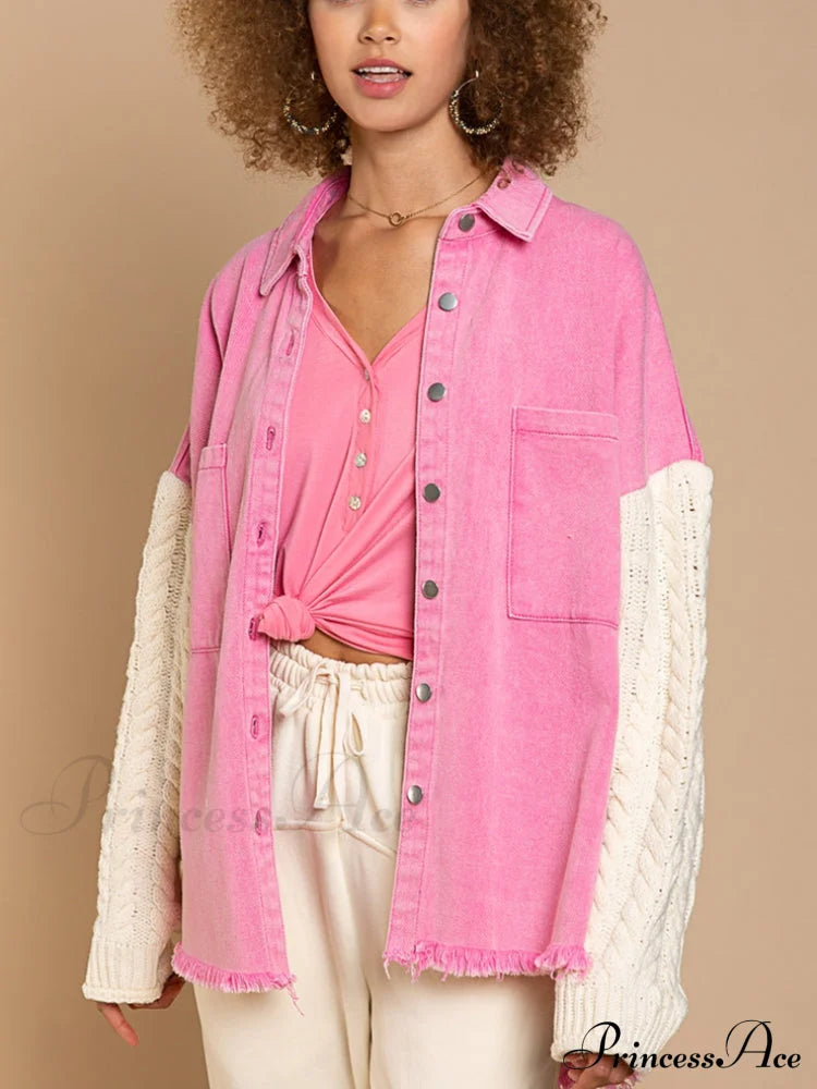 Fashion Patchwork Denim Jacket Fluorescent Pink / S