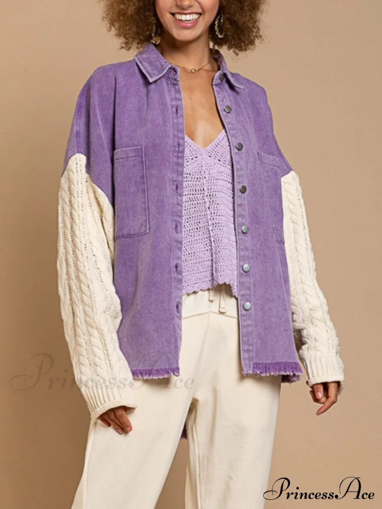 Fashion Patchwork Denim Jacket Light Purple / S