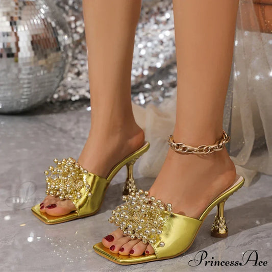 Fashion Pearl Leather Square Toe Mules Heels Beach Party Dress High Heel