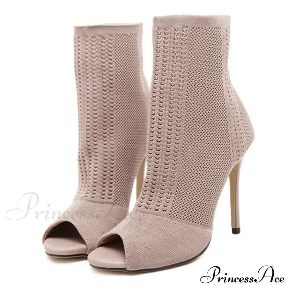 Fashion Peep Toe Stretch Fabric Breathable Hollow Out Small Hole Knitting Women High Heel